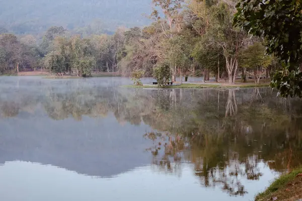 Banco y niebla de la mañana en el lago estanque con vista a la montaña . —  Fotos de Stock