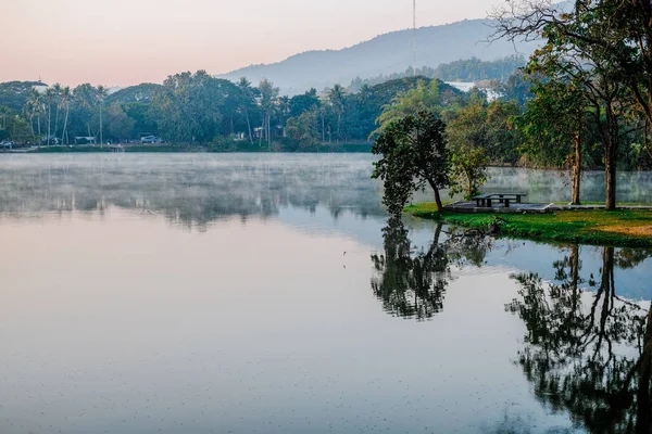 Bank & Morgennebel am Seeteich mit Bergblick. — Stockfoto