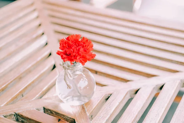 red flower in glass bottle vase on wooden table