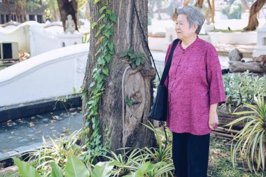 yaşlı yaşlı kadın bahçede dinleniyor. yaşlı kadın rahatlatıcı outdo