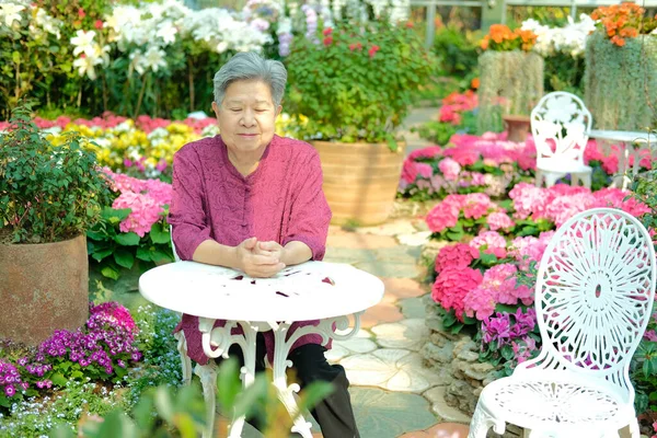 老妇人在花园子里休息 亚洲老年女性在公园里放松 老年人休闲生活方式 — 图库照片