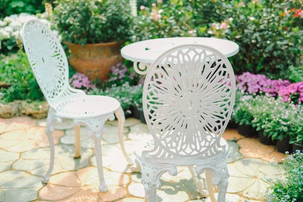 White Metal Seat Chair Flower Garden Park Spring Summer Stock Photo