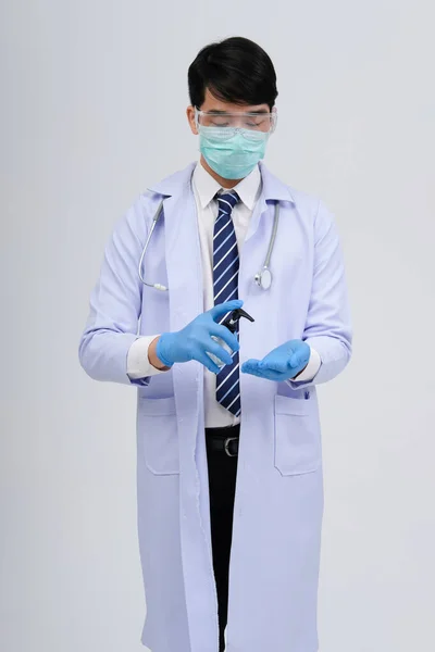 Läkare Läkare Läkare Med Handtvätt Alkohol Desinfektionsmedel Dispenser För Att — Stockfoto