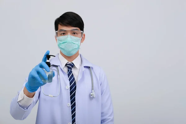 Elle Yıkama Alkol Dezenfektanı Olan Doktor Doktor Doktor Bakteri Enfeksiyonunu — Stok fotoğraf
