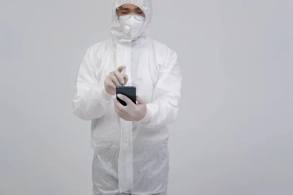 Man Scientist Wearing Biological Protective Uniform Suit Clothing Mask Gloves — Stock Photo, Image