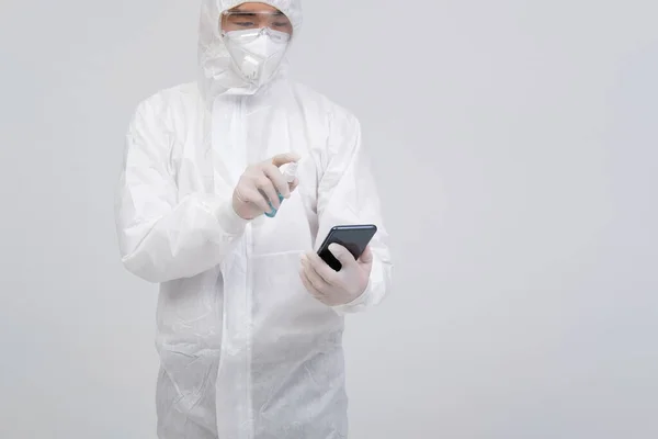 Man Scientist Wearing Biological Protective Uniform Suit Clothing Mask Gloves — Stock Photo, Image