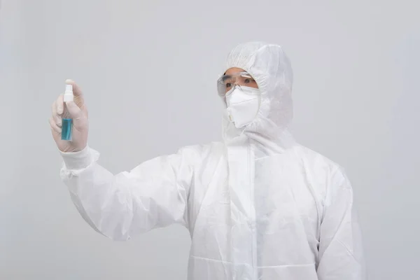 Man Doctor Wearing Biological Protective Uniform Suit Clothing Mask Gloves — Stock Photo, Image