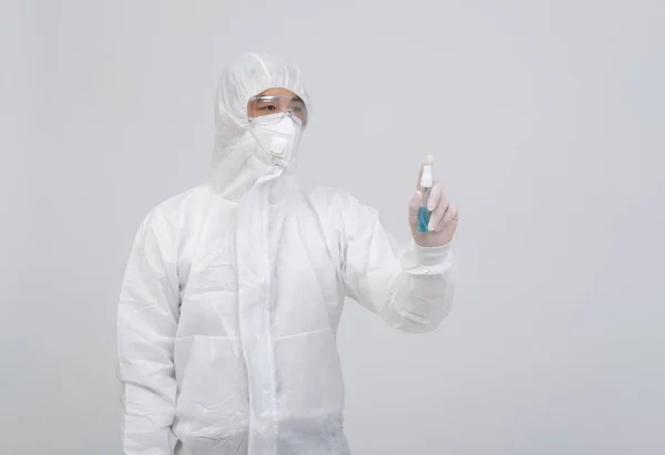 Man Doctor Wearing Biological Protective Uniform Suit Clothing Mask Gloves — Stock Photo, Image