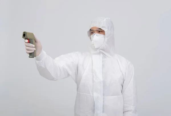 Doctor Man Wearing Biological Protective Uniform Suit Clothing Mask Gloves — Stock Photo, Image