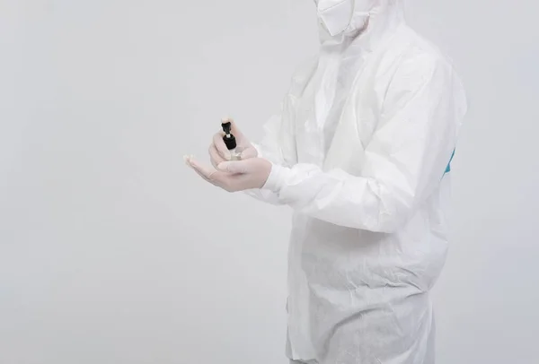 Man Doctor Wearing Biological Protective Uniform Suit Clothing Mask Gloves — Stock Photo, Image