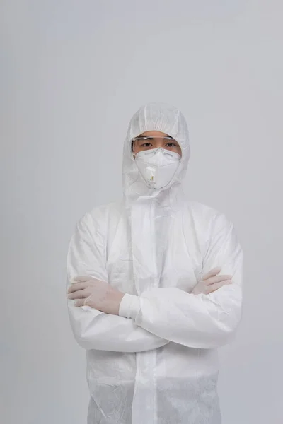 Man Doctor Wearing Biological Protective Uniform Suit Clothing Mask Gloves — Stock Photo, Image