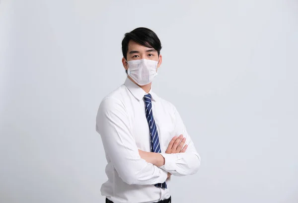 Uomo Affari Indossando Maschera Protettiva Contro Influenza Fredda Covid Virus — Foto Stock