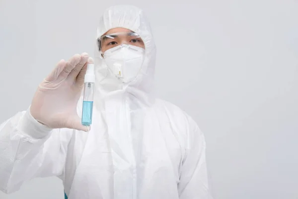Man Doctor Wearing Biological Protective Uniform Suit Clothing Mask Gloves Stock Image