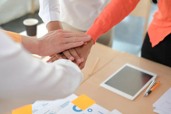 Startup Man Woman Joining United Hand Business Team Touching Hands Stock Photo