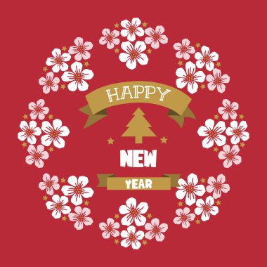 Mutlu yıllar için davetiye kartı, yapraklı çiçek çerçeveli duvar kağıdı. Vektör