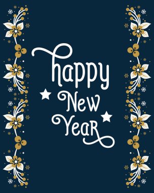 Çiçek çerçeveli yeni yıl kartı şablonu kutlu olsun. Vektör