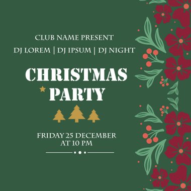 Yeşil yaprak çerçevesi ve kırmızı çiçekli dekoratif unsurlu yılbaşı partisinin poster şablonu. Vektör