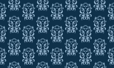 Koyu mavi arka planda, soyut yaprak desenli süslemeler..