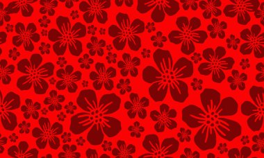 Cute floral pattern background, plant drawing dark red flower.