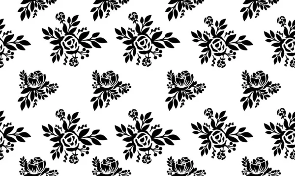 Piękny czarno-biały bezszwowy wzór kwiatowy, wzór liści kwiatów. — Wektor stockowy