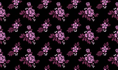 Çiçek moru ve pembe rengin eskiz stili, siyah arkaplanda izole..