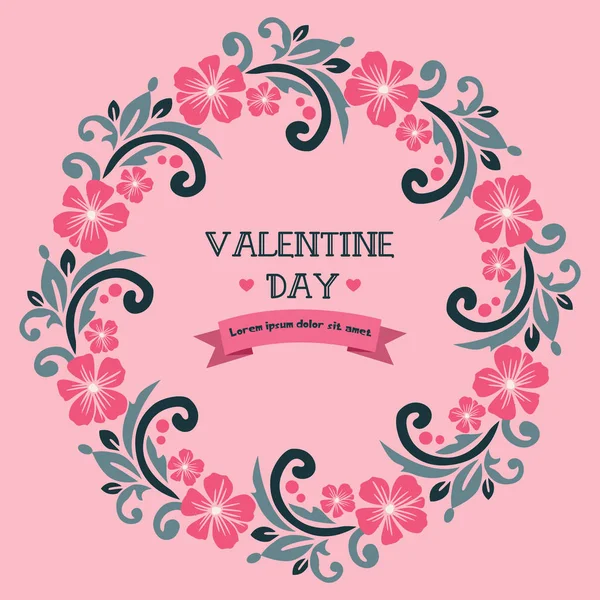 Eleganter Valentinstag-Schriftzug mit Naturblattrahmen und rosa Blume. Vektor — Stockvektor