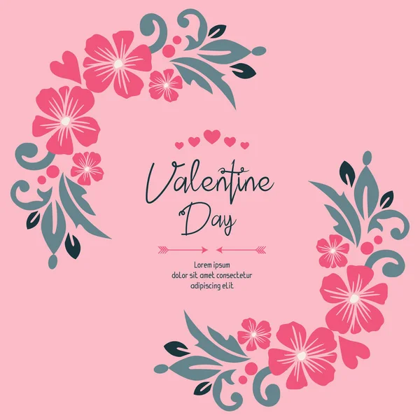 Eleganter Valentinstag-Schriftzug mit Naturblattrahmen und rosa Blume. Vektor — Stockvektor