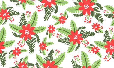 Güzel, kusursuz noel çiçekli desen, yaprak çiçeği çizimi.