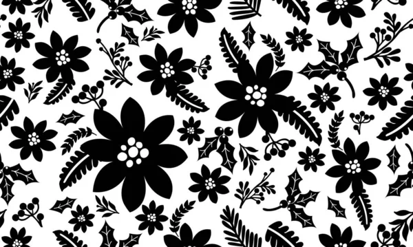 Modello senza cuciture Natale floreale, fiore nero su sfondo bianco . — Vettoriale Stock