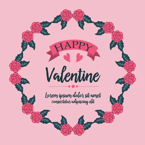 Greeting card happy valentine, with beautiful pink rose flower frame. Vector — Stock Vector