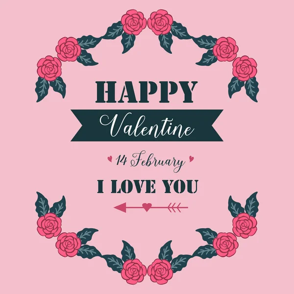 Greeting card happy valentine, with beautiful pink rose flower frame. Vector — 스톡 벡터