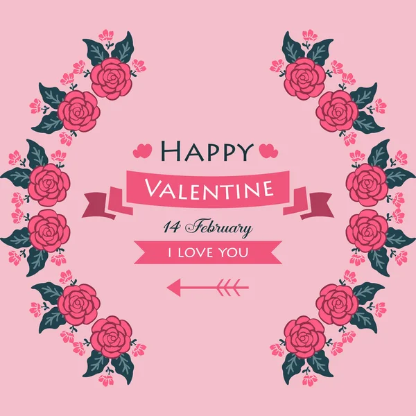 Affiche de la Saint-Valentin heureuse avec une feuille sans couture et cadre de fleurs. Vecteur — Image vectorielle