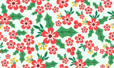 Kırmızı çiçek desenli arka planda Noel, zarif yaprak çiçeğiyle.