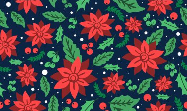 Yılbaşı çiçekli desen, yaprak çiçeği modern çizim.