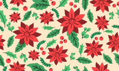 Yılbaşı çiçekli desen, yaprak çiçeği modern çizim.