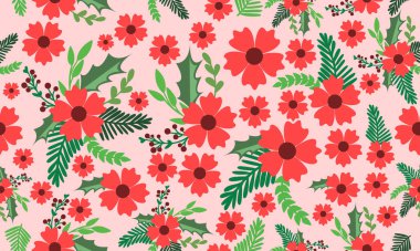 Noel çiçeği desenli arka plan tasarımı, eşsiz ve sevimli kırmızı çiçek çizimi.