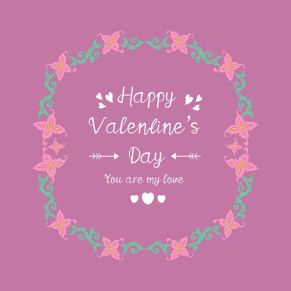 Happy valentine greeting card design, with beautiful pink wreath frame. Vector — Stock Vector