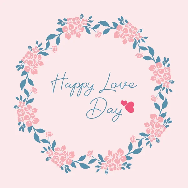 Élégante conception de carte de voeux Happy love day, avec cadre de couronne sans couture feuille et pêche. Vecteur — Image vectorielle