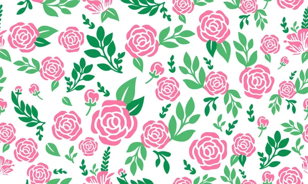 Fondo de patrón floral de San Valentín sin costuras, con hoja y rosa rosa floral . — Archivo Imágenes Vectoriales