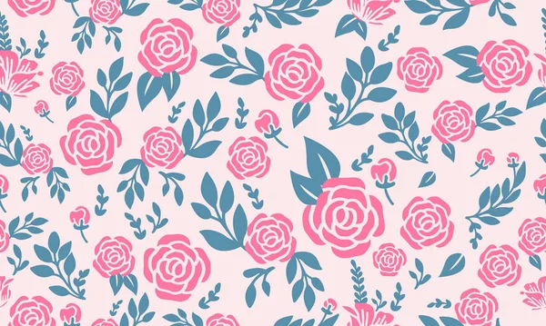 葉とピンクのバラの花とシームレスなバレンタインの花のパターンの背景。. — ストックベクタ