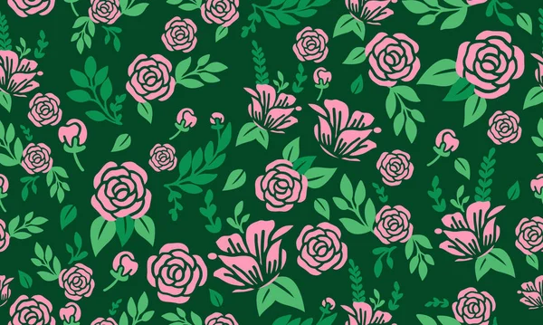 葉とピンクのバラの花とシームレスなバレンタインの花のパターンの背景。. — ストックベクタ