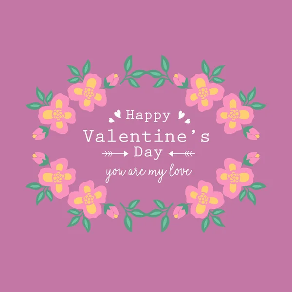 Happy valentine greeting card Design, with pink and unique yellow wreath frame. Vector — Stock Vector