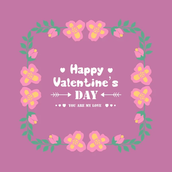 Růžový a žlutý věnec rámu dekorace, s elegantním fialovým pozadím, pro šťastný valentýnský pozdrav design karty. Vektor — Stockový vektor