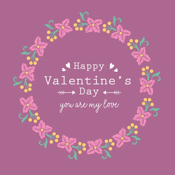 Elegáns Boldog Valentin plakát design, levél és egyedi rózsaszín koszorú keret. Vektor — Stock Vector