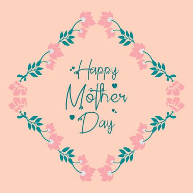 Yaprak deseni ve pembe çiçek çerçevesi süsleme, Anneler Günü için zarif tebrik kartı tasarımı. Vektör