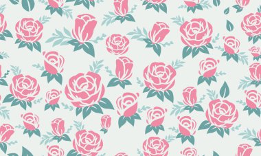 Sevgililer Günü için pembe gül desenli arkaplan, yaprak ve çiçek desenli.