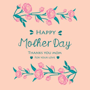 Mutlu Anneler Günü kutlamaları için zarif bir davetiye tasarımı ve pembe desenli romantik çiçek çerçevesi. Vektör