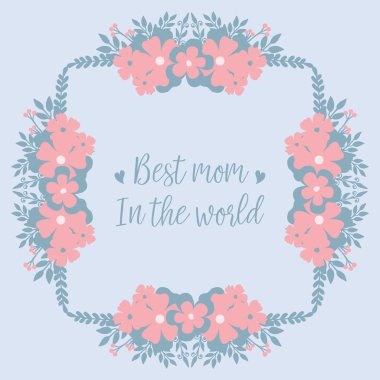 Yaprak süsü ve şeftali çiçekli çerçeve, dünyanın en iyi annesi için zarif bir davetiye kartı deseni. Vektör
