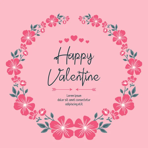 Card of happy valentine day, with ornament of pink wreath frame. Vector — Stock Vector