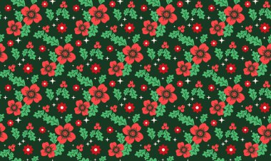 Güzel yapraklı ve kırmızı çiçek desenli şirin bir Noel çiçeği deseni..